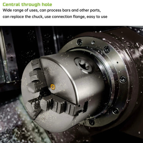 Beefy Lathe Chuck Spindle Assembly Kit with 3-Jaw Chuck and 750W 110V Motor, showing central through hole, close-up angle.