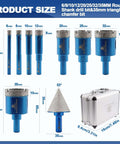 Dry diamond tile drill bit set with round shank; includes 6/8/10/12/20/25/32/35mm bits and 35mm chamfer bit in metal case