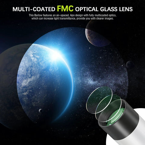 1.25 Inch 2x Barlow Lens For Telescopes And Astrophotography, Full Metal CNC Machined Body, shown with planets and multi-coated optics