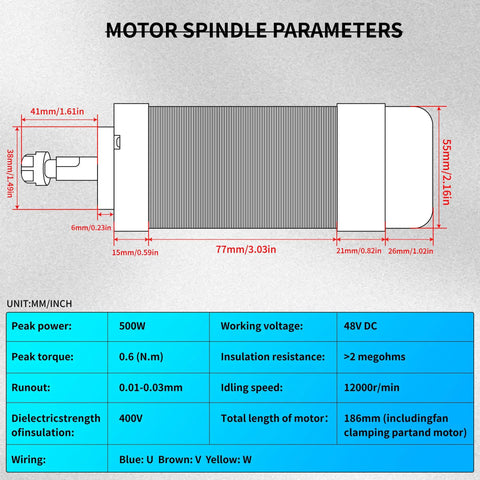 Dimensions and specifications of Beefy Air Cooled DC Brushless Spindle Motor Kit For CNC Router, 500W 48V Spindle, 12000 RPM, 0.6 Nm Torque