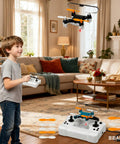 Child using beginner friendly small drone with easy takeoff and landing, propeller guards, safe flight mode, in living room