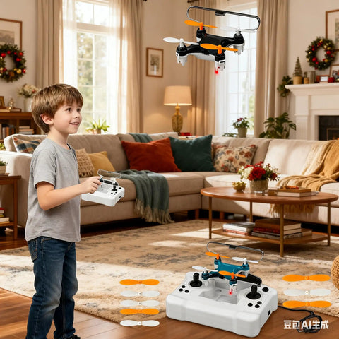 Child using beginner friendly small drone with easy takeoff and landing, propeller guards, safe flight mode, in living room