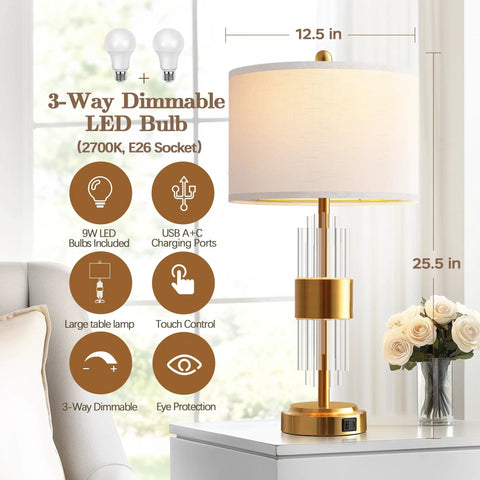 Dope Gold Table Lamp Set Of 2 With USB A And USB C Ports, modern gold lamp with white shade, touch control, LED bulbs, living room decor