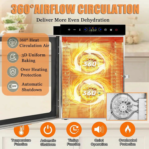 Heavy Duty 18 Tray Food Dehydrator Built Tough With Precise Temp And Timer Controls showcasing 360° airflow circulation feature.