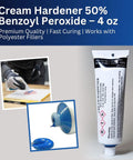 Blue Cream Epoxy Hardener 4 Oz Bulk Pack For Stone Industry Epoxies tube with cream nozzle and application example.