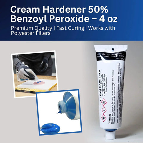 Blue Cream Epoxy Hardener 4 Oz Bulk Pack For Stone Industry Epoxies tube with cream nozzle and application example.