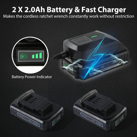Beefy 20V Cordless Electric Ratchet Wrench Kit With Two 2000mAh Li Ion Batteries and Fast Charger, Battery Indicator Shown