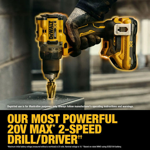 20V Max XR Brushless Cordless 1/2 In Drill Driver Kit with PowerPack Batteries in use on metal surface