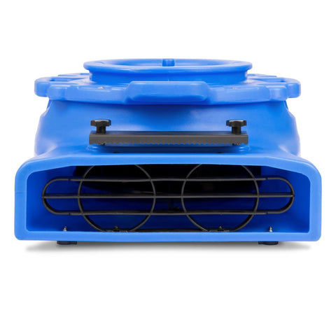 Front view of Top Shelf Low Profile Air Mover Carpet Dryer Fan With Variable Speed Control For Rapid Water Damage Cleanup And Legit Commercial Restoration Projects Blue.