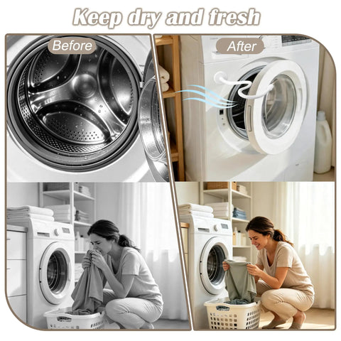 Image of Magnetic Front Load Washer Door Prop And Dryer Vent Holder With Grippy Silicone Base To Keep Your Machines Cracking Open And Smelling Totally Fresh White in use.