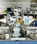 Heavy Duty Semi Automatic Paint Filler And Bucket Capper With Precision Digital Scale Smooth Five To Twenty Five Kilogram Range Zero Drama Operation Rock Solid Stainless Steel Build filling paint into a bucket in a workshop setting.