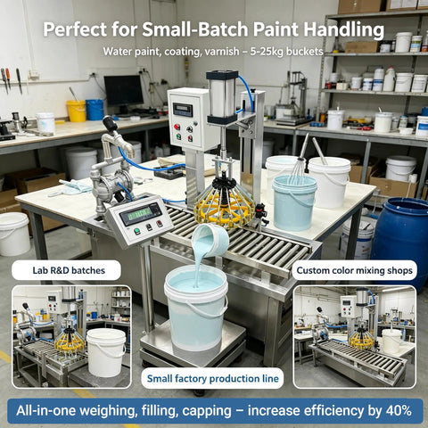 Heavy Duty Semi Automatic Paint Filler And Bucket Capper With Precision Digital Scale Smooth Five To Twenty Five Kilogram Range Zero Drama Operation Rock Solid Stainless Steel Build filling paint into a bucket in a workshop setting.