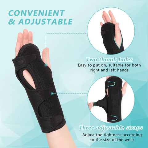 Two Pack Night Wrist Sleep Support Brace For Carpal Tunnel, Tendonitis And Arthritis shown with thumb holes and adjustable straps.