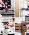 Knockout 20V Cordless Pink Drill Set For Women Rock Solid Power Tool Kit in use for home repairs and assembly.
