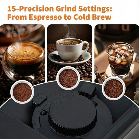 15 Precision Grind Settings showcased on Premium Automatic Espresso Machine Featuring Integrated Grinder And Quick Froth Wand Plus 20 Bar Dual Boiler Coffee Maker.