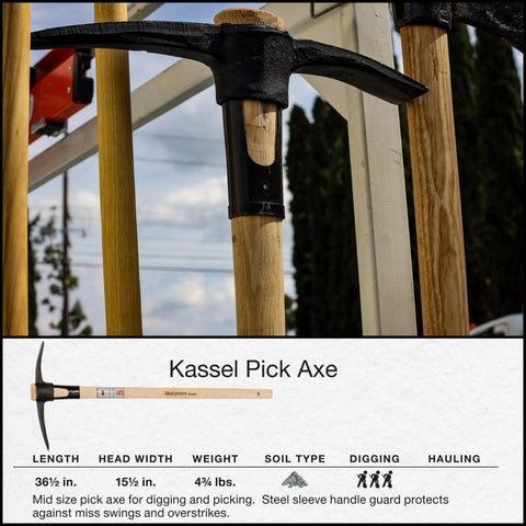 Kassel Pick Axe for Trenching and Hard Ground Digging, displayed with steel head and ash handle, Made in Germany.