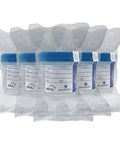 Five-pack SNL sterile specimen cups, 3oz/90ml, blue screw-on lids with tamper-evident seals