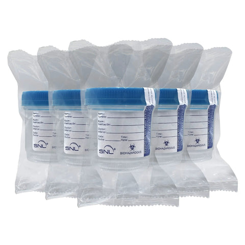 Five-pack SNL sterile specimen cups, 3oz/90ml, blue screw-on lids with tamper-evident seals