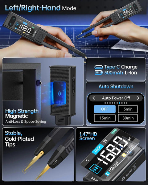 All In One SMD LCR ESR Meter with Tweezer Probes showing hands using tweezer probes, Type-C charge, magnetic feature, and HD screen.