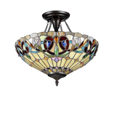 Serenity 2 Light Tiffany Style Victorian Semi Flush Ceiling Fixture with Shade Handcrafted Stained Glass Copper Foiled Bronze