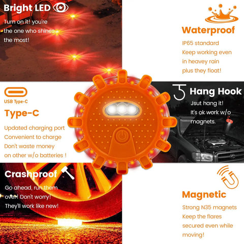 USB C Rechargeable LED Road Flares Emergency Lights With Mega Capacity Battery 3 In 1 Cable Roadside Safety Beacon with Magnetic Base