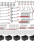 114 Piece Pegboard Hook Set With Metal Hooks Bins And Locks For Garage Organization Fits Standard One Eighth And One Quarter Inch Pegboards With One Inch Spacing