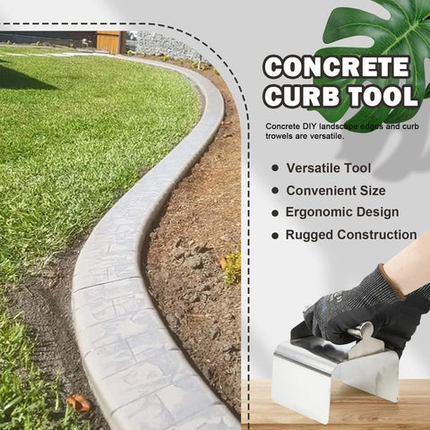 Ergonomic Stainless Steel Curb Trowel Edger For Concrete Edging And Curbing, Compact 4x6x4 Inch Hand Tool in gloved hand near landscape edging