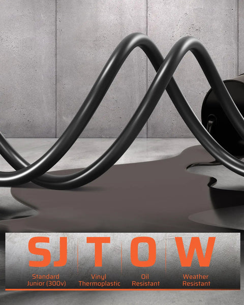Heavy Duty 50 Ft Retractable Extension Cord Reel With 3 Grounded Outlets Lit Triple Tap 13 Amp Circuit Breaker 14AWG SJTOW Cord UL Listed Oil And Water Resistant Power Station For Indoor Outdoor Work shown coiled on floor, highlighting SJTOW oil resistance properties.