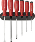 Six Piece Slotted Screwdriver Set With SwissGrip For Home And Pro Use Built To Last, mounted on wall holder.