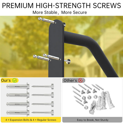 Built Like A Tank Heavy Duty Wrought Iron Hand Rails For Outdoor Steps, U Shaped Exterior Stair Railing With Integrated Backplate, Rust Resistant Grab Bar For Porch Deck Garage showing premium high-strength screws.