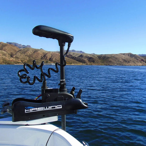 Smooth Riding Electric Trolling Motor With 55 Lbs Of Sweet Juice And A Tough 54 Inch Bow Mount Shaft Featuring Gps Auto Anchor Tracking And Wireless Crankless Handle on a boat