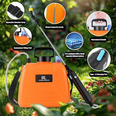 Battery Powered Sprayer 2.4 Gallon Electric Garden Sprayer With Rechargeable Battery, 2025 Upgraded, visible features and labels