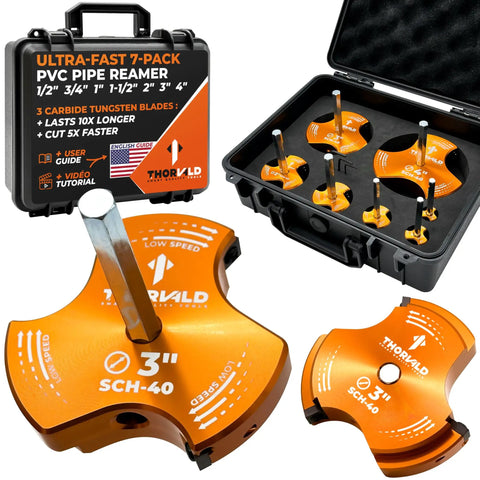 PVC Pipe Reamer TriForce Kit With Tungsten Carbide Blades, 7 Size Set in open case, detailed view of 3-inch reamer blade