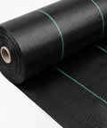 Roll of Heavy Duty Weed Barrier Landscape Fabric 13x65 Ft 5 Oz Geotextile with green lines, ideal for gardens and driveways.