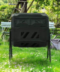 45 Gallon Rotating Compost Tumbler Bin With Large Dual Chamber, Animal Proof Sliding Door in outdoor garden setting