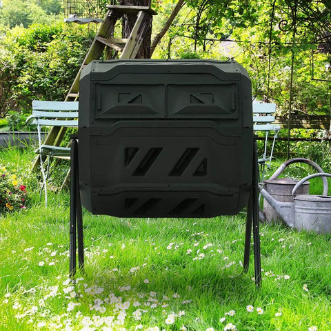 45 Gallon Rotating Compost Tumbler Bin With Large Dual Chamber, Animal Proof Sliding Door in outdoor garden setting