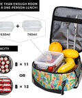 Open Desert Cactus Flower Insulated Lunch Bag Tote with food containers, fruits, cutlery, showcasing capacity for office picnics camping.