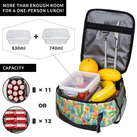 Open Desert Cactus Flower Insulated Lunch Bag Tote with food containers, fruits, cutlery, showcasing capacity for office picnics camping.