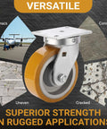 Extra Heavy Duty Kingpinless Swivel Plate Casters With 8 Inch Polyurethane Over Iron Wheels Deliver 16000 Lbs Load Rating Four Pack Setup on uneven surfaces.