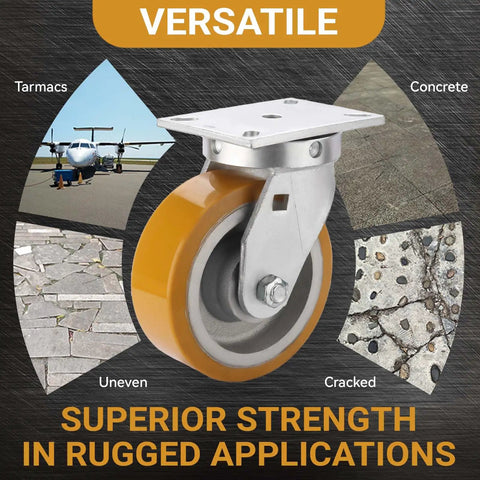 Extra Heavy Duty Kingpinless Swivel Plate Casters With 8 Inch Polyurethane Over Iron Wheels Deliver 16000 Lbs Load Rating Four Pack Setup on uneven surfaces.