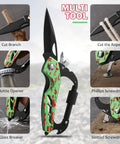 6 In 1 Multitool Carabiner with pocket knife, glass breaker, and bottle opener for camping, featuring green handle and tools.