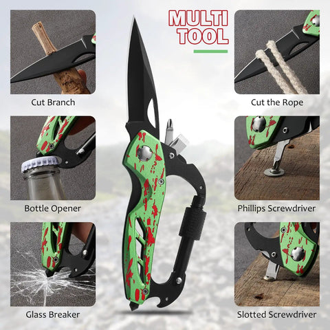 6 In 1 Multitool Carabiner with pocket knife, glass breaker, and bottle opener for camping, featuring green handle and tools.