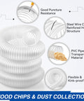 All In One 10 Ft PVC Dust Collection Hose Kit With 4 In To 2 And 1 Half In Cone Reducer showing steel wire coil and transparency material