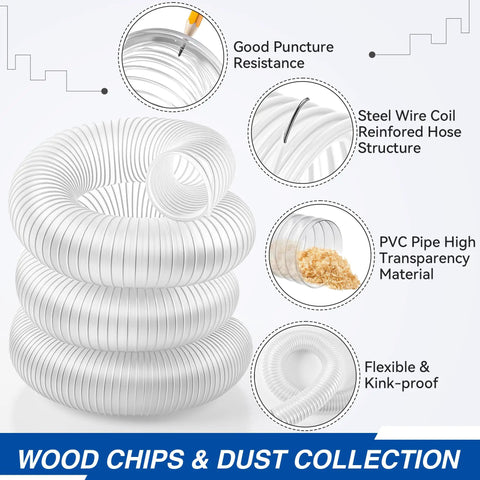 All In One 10 Ft PVC Dust Collection Hose Kit With 4 In To 2 And 1 Half In Cone Reducer showing steel wire coil and transparency material