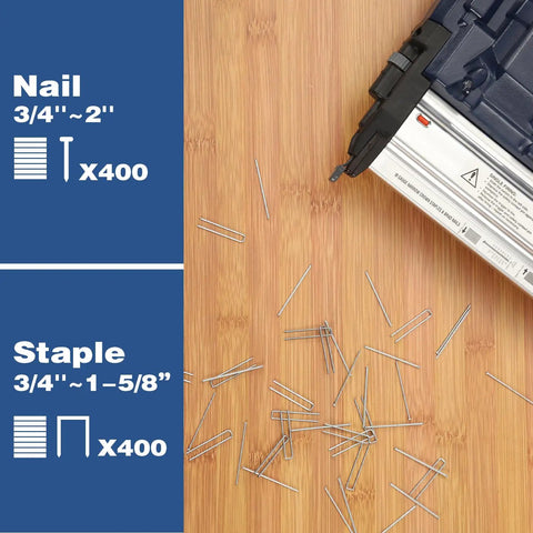 Cordless 20V 18GA Nail Gun And Stapler 2 In 1 With Brushless Motor Battery Powered Workhorse with nails and staples on wood surface