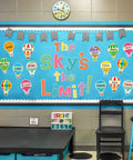 Classroom bulletin board with Colorful Hot Air Balloon Cutouts Set for Classroom Decor 36 Pieces in 9 Designs with Glue Dots displayed.