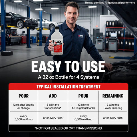 Keep Your Whip Running Slick With This Multifunctional Engine And Fuel Treatment That Dissolves Carbon Buildup Boosts Gas Diesel Power Lubricates Metal Parts For Transmission And Power Steering In A 32 Oz Bottle held by a mechanic in a garage.
