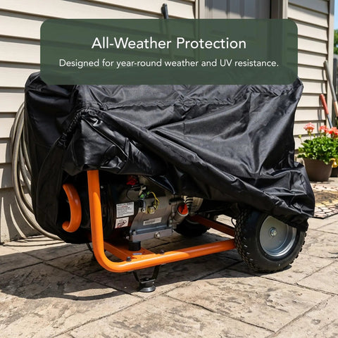 Heavy Duty Professional Generator Cover With Thick Commercial Vinyl Built Like A Tank To Beat Rain Dust And Scorching Sun 28 By 38 By 32 Inches Black All Weather Gear Shield covering a generator outdoors.