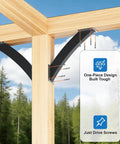 Tough As Nails Heavy Duty Corner Bracket Kit 12 Pack black steel brackets attached to wood for patio structure reinforcement.