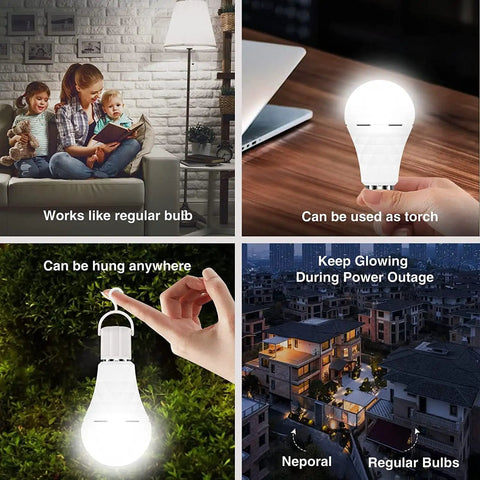 Rechargeable A19 LED Emergency Light Bulbs With 1200mAh Battery Backup in various home and office settings, showing versatility.